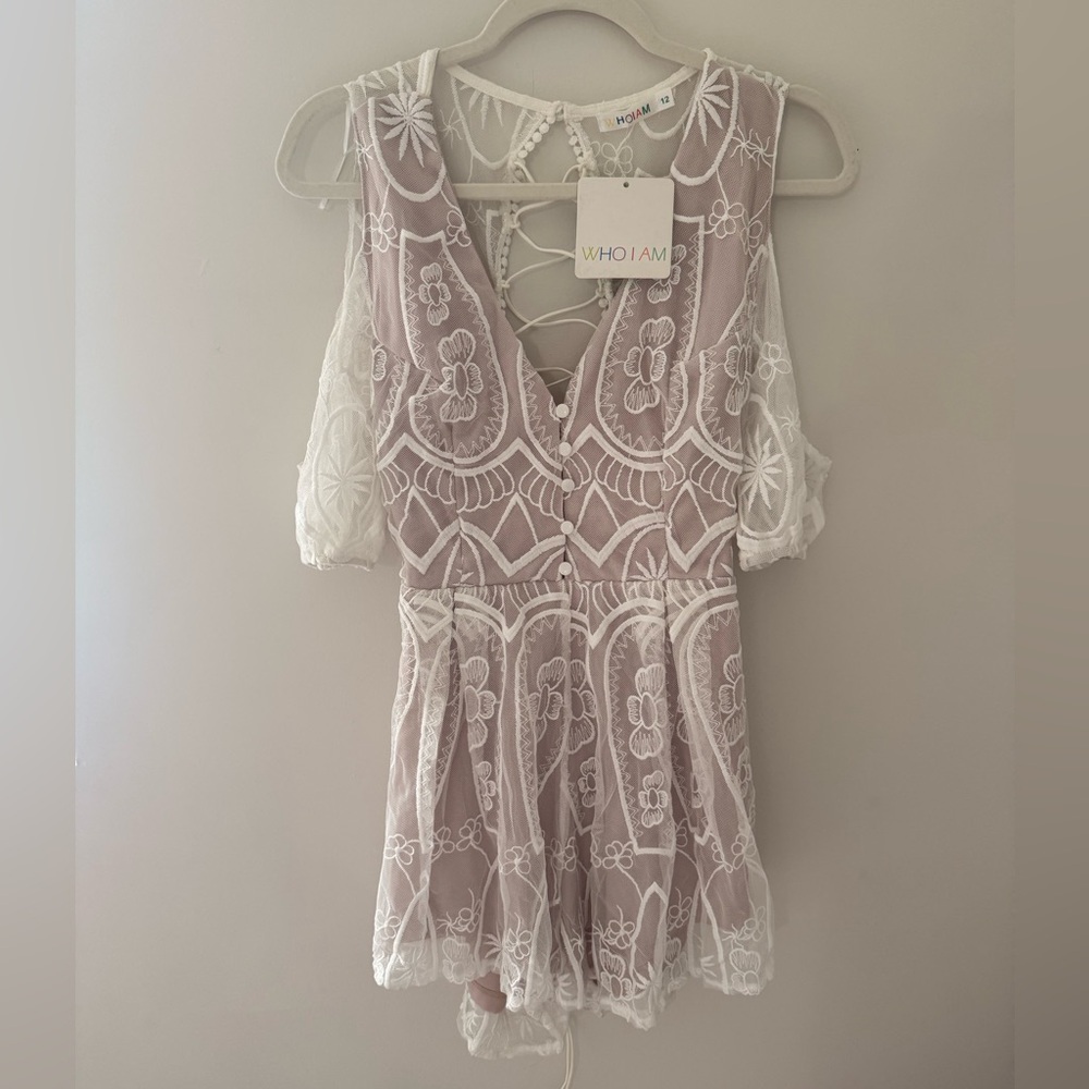 WHO I AM Mauve Lace Romper with White Embroidered Overlay